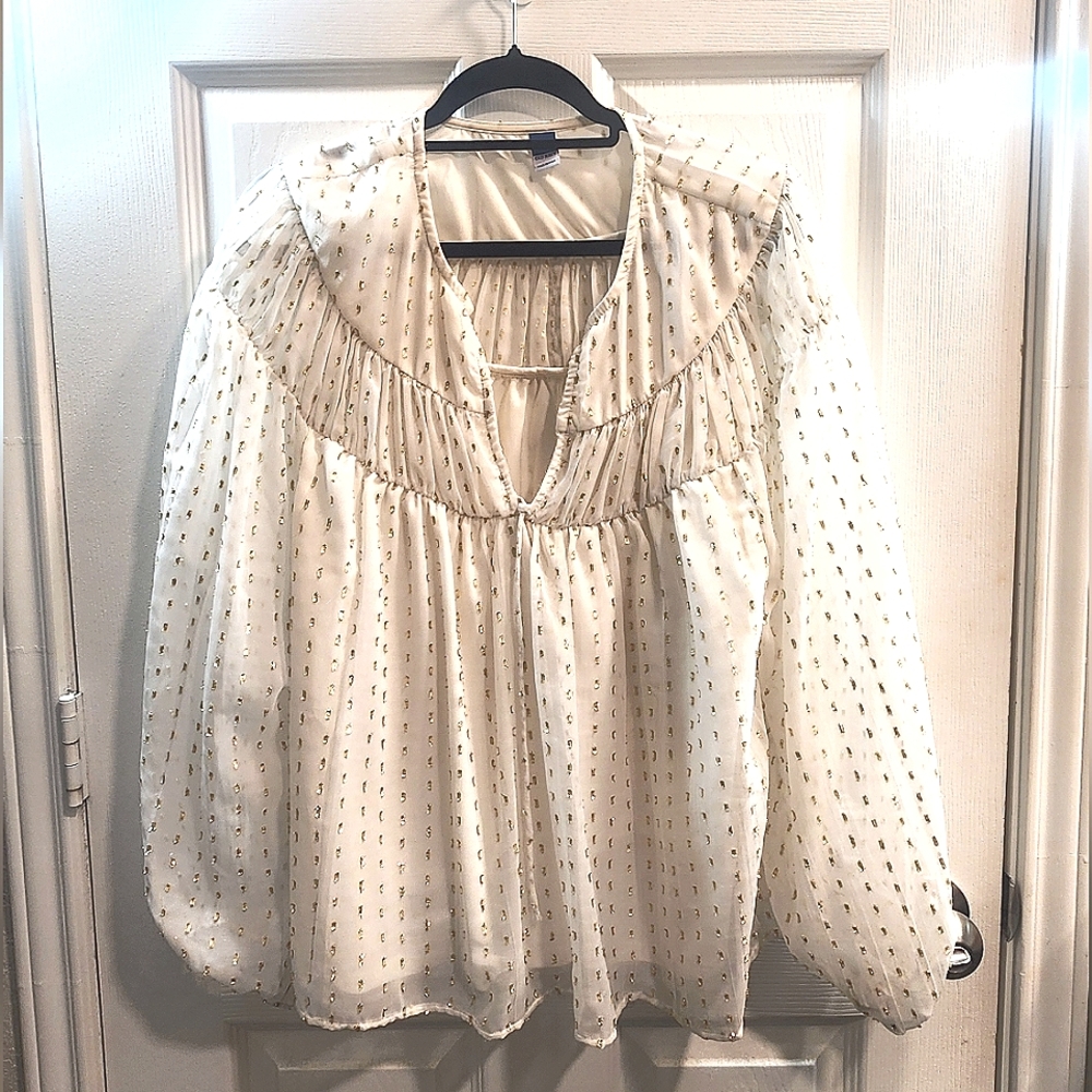 Old Navy Cream Blouse with Ruffled Bib Collar and Long Sleeves